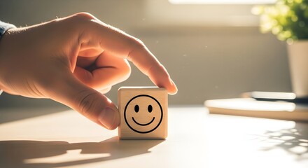 Hand holding wooden cube with smile face drawing for satisfaction survey and customer experience