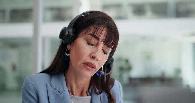 Frustrated woman, headache and consultant with headset for stress, mistake or fail in office. Tired, mature person or agent with migraine or strain for difficult customer, deadline or pressure