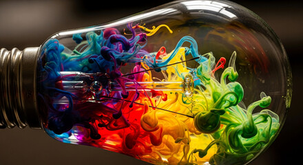 Close-up of a light bulb filled with colorful swirls of liquid, representing creativity, innovation, and the spark of an idea, perfect for inspiration