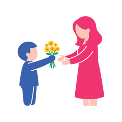Boy giving flowers to woman illustration, mother's day, love, celebration, gift, happy family Vector, illustration