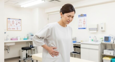 脇腹を押さえて苦痛の表情を浮かべる女性