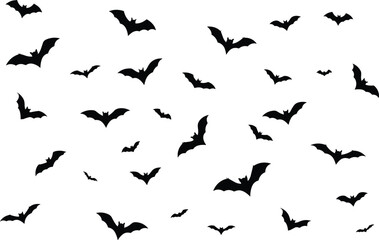 Flying bat silhouettes pattern on white background, Halloween design with spooky night creatures, dark animal shapes, and gothic vector illustration