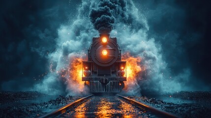 Steam train emerges from smoke and fire on tracks