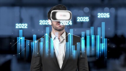 A businessman explores future growth opportunities using a virtual reality headset in a modern office, with graphs and data projections highlighting potential trends. Raster - Powered by Adobe