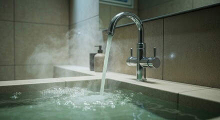 Steaming water flows from a modern faucet into a bubbling bathtub