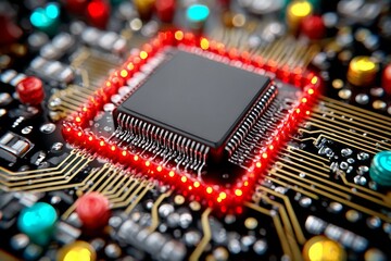 Primer plano de un circuito integrado con luces LED brillantes en un fondo oscuro