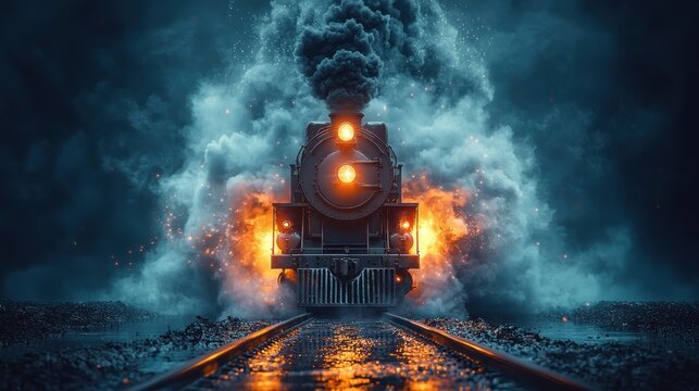 Steam train emerges from smoke and fire on tracks