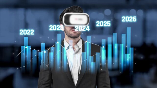 A businessman explores future growth opportunities using a virtual reality headset in a modern office, with graphs and data projections highlighting potential trends. Raster - Powered by Adobe