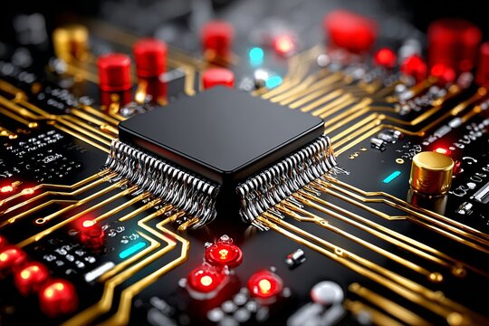 Detalles macro de un circuito integrado sobre una placa de circuito impreso con componentes electr&oacute;nicos diversos