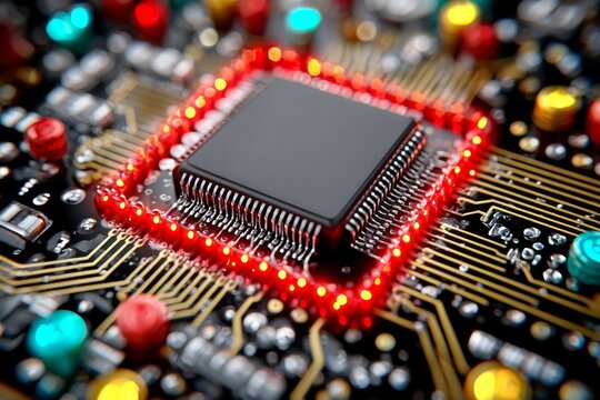 Primer plano de un circuito integrado con luces LED brillantes en un fondo oscuro