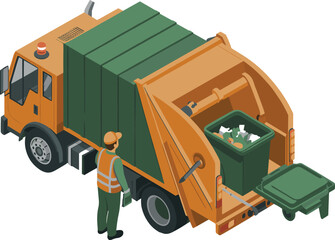 Isometric 3d illustration of garbage collection truck with sanitation worker loading green waste bin, waste management and recycling concept