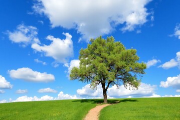 Obraz premium Single Tree on a Path Leading to a Vibrant Blue Sky with Fluffy White Clouds