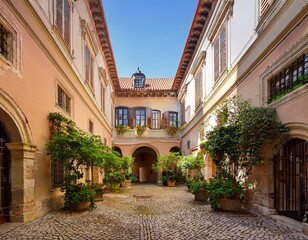 an architectural courtyard with an archway historic buildings and well tended plants creates the atmosphere of an old european city useful for projects about travel and architecture