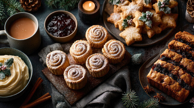 Christmas dessert flat lay featuring an assortment of treats like mince pies, fruitcake, star-shaped cookies, and a warm beverage, surrounded by festive decorations