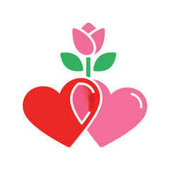 Two hearts symbol with pink rose and green leaves illustration Vector, illustration