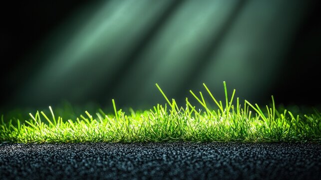 Sunbeams pierce dark background onto lush green grass