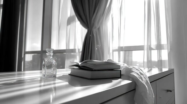 Sunlight streams across a desk with open book and glass decanter