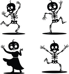 Cute dancing skeleton characters Halloween vector illustration, spooky cartoon bones figures for kids party design, decoration, stickers and seasonal artwork