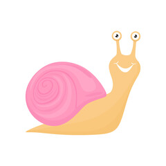 Cute funny smiling Snail. Kawaii adorable happy slow character in cartoon style. Amusing animal isolated on white background. Cute shell. Colored flat vector illustration