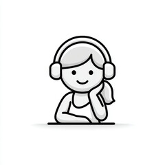  Cute cartoon girl with headphones, happy and relaxed, a minimalist icon for music or audio apps