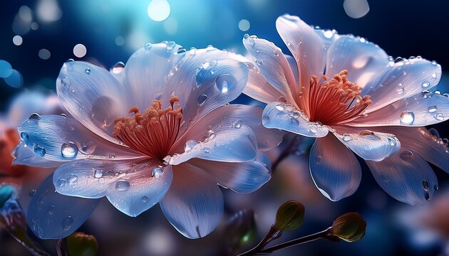 flowers with water droplets on their petals reflecting light convey freshness and tenderness making them suitable for cosmetic packaging and greeting card designs