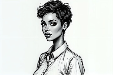 Confident woman with a pixie cut, a professional look, in a monochrome sketch style