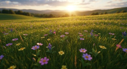 Fototapeta premium Sunlit meadow with vibrant wildflowers, rolling hills, and golden light