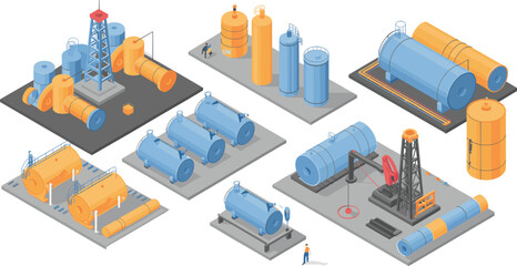 Obraz premium Isometric illustration of industrial oil refinery plant with storage tanks, pipelines, drilling rig, and pumpjack equipment for petroleum production