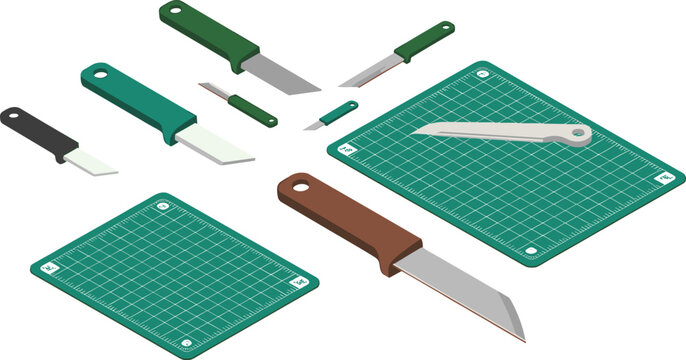 Isometric illustration of craft knives and cutting mats for hobby work, precision tools, DIY crafting equipment, artistic workshop design setup