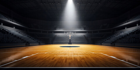 Indoor Basketball Court: Arena with Empty Seats, Hardwood Floor and Spotlight for Sporting Event