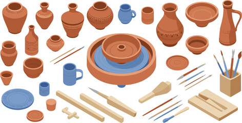 Isometric illustration of pottery workshop tools and clay vases with potter’s wheel, brushes, sculpting instruments, and handmade ceramic crafts