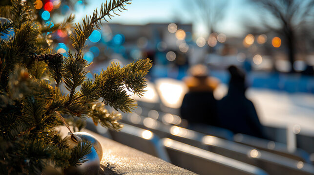 Figure skating competition on main ice rink with spectator stands in winter park festive event holiday entertainment winter sport competitive display bokeh with copy space