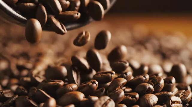 Close up of roasted coffee beans falling from a scoop into a pile.