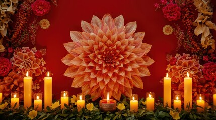 Warm glowing candles and vibrant floral arrangement create a festive and celebratory atmosphere
