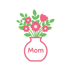 Illustration of pink flowers in a vase with the word 