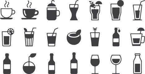 Beverages Icon Set, Smoothies Silhouettes, Protein Shake Detox Kombucha Sparkling Water Almond Milk Takeaway Bottle Vector Illustration
