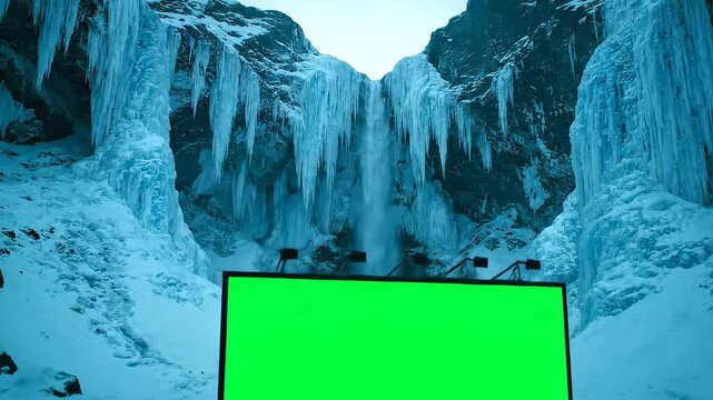 Blank green billboard in a frozen icy mountain landscape with icicles hanging down