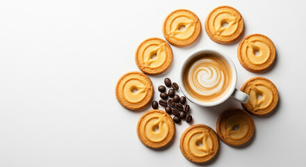 Delicious Butter Cookies and Coffee on White Background

