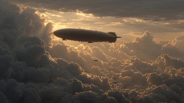Majestic airship soaring through dramatic clouds at sunset