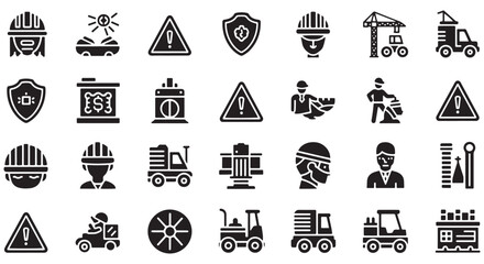 Construction site hazard glyph icon set. Vector pictograms of goggles, ear protection, respirator, mask, drill, emergency, assembly, fire, black sign silhouette illustration