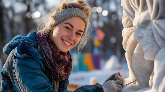 Ice sculpture carving demonstration in winter amusement park festive art holiday entertainment seasonal craft winter exhibition creative process bokeh with copy space