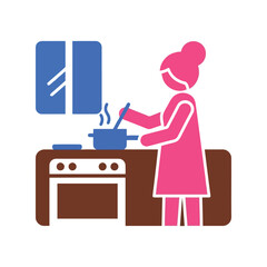 Woman cooking in a kitchen with a stove and window, flat design illustration Vector, illustration