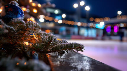 Figure skating competition on main ice rink with spectator stands in winter park festive event holiday entertainment winter sport competitive display bokeh with copy space