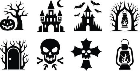 Halloween spooky icons set with haunted houses, skulls, pumpkins, trees, bats and lanterns, creepy vector silhouettes for horror design