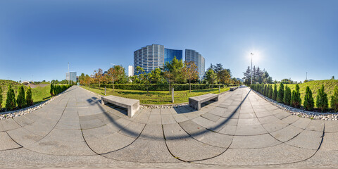 360 seamless hdri panorama view on pedestrian path near seashore or ocean with skyscrapers with blue sky and good weather in equirectangular spherical projection, ready AR VR virtual reality content © hiv360