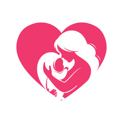 Mother embracing baby silhouette inside a pink heart, symbolizing love and family Vector, illustration