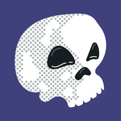 Modern graphic illustration of a cartoon skull with a retro pop art halftone dot pattern