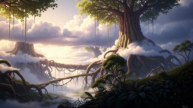 Enchanted forest with giant trees and hanging roots over a misty river