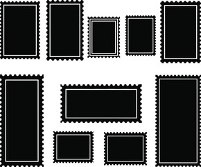 Blank postage stamps set in various sizes with scalloped edges, isolated flat vector