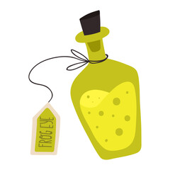Illustration of a green potion bottle with a cork, a tag labeled 'frog eye', and a liquid
